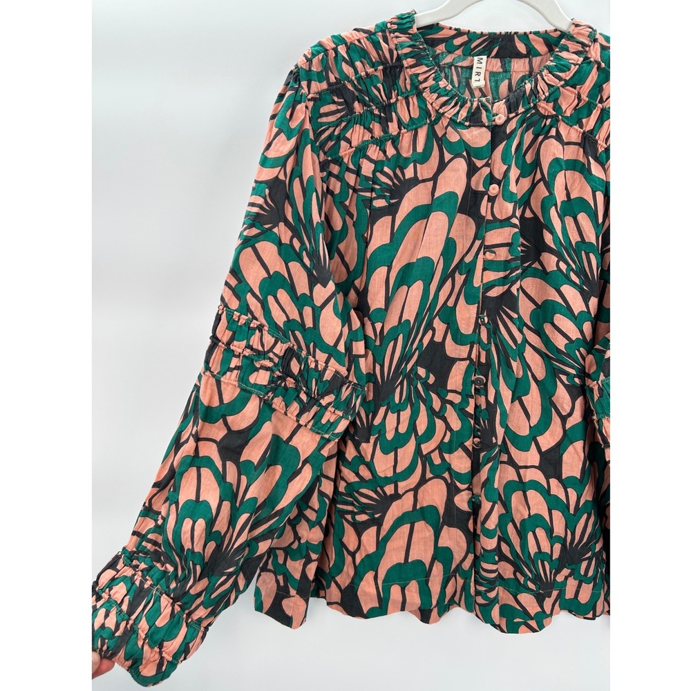 Mirth Caftan Adaman Handmade Collection Cotton Floral Button Ruffle Blouse XL - Picture 9 of 11